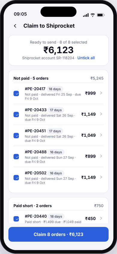 Claim pack listing unpaid and short-paid orders with tick boxes