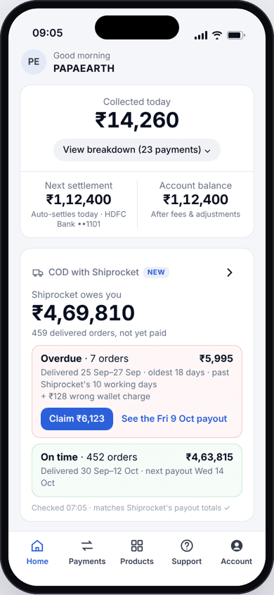 Home card showing Shiprocket owes ₹4,69,810 split into overdue and on time