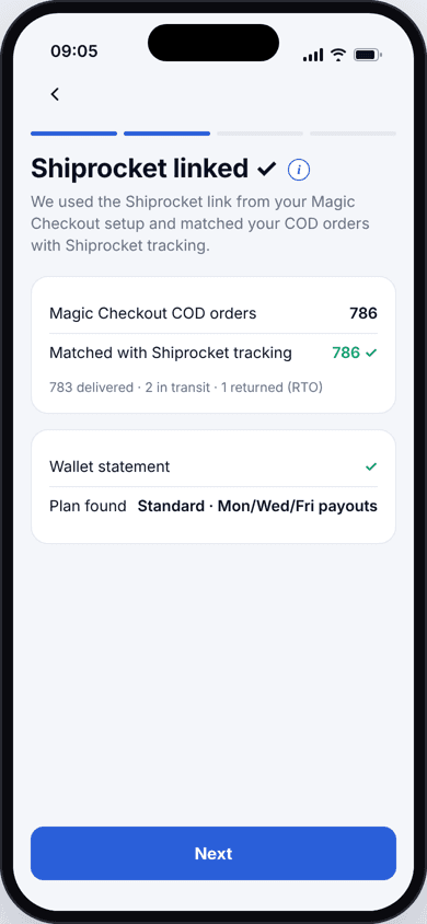 Setup screen confirming Shiprocket is linked and orders are matched with tracking